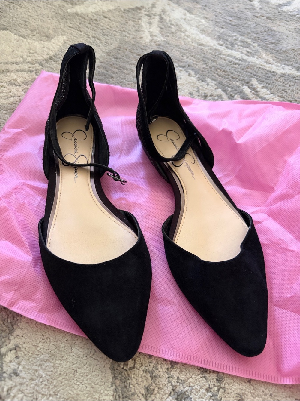 Jessica Simpson Black Suede Pointed D'Orsay Ankle-Strap Flats